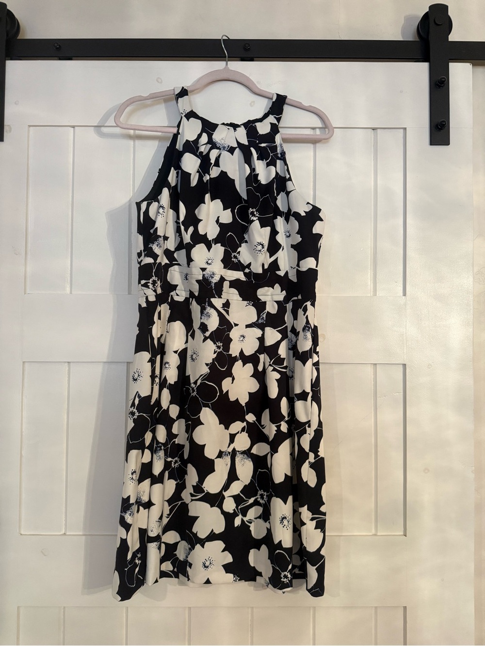 Roz & Ali Black and White Floral Halter Midi Dress with Gathered Yoke